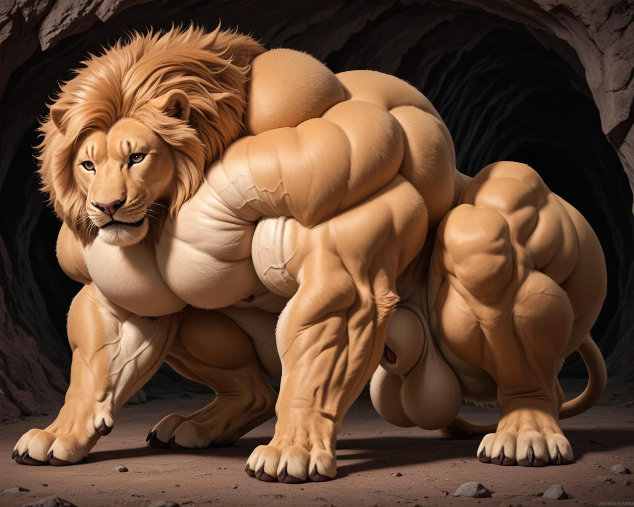 RAW, realistic photograph, highly detailed, 8k, photo of lion, side view, crouching, [leaning forward], cave, extreme body size disparity, (muscle feral:1.5), (hyper muscles:1.9,1.4), serratus, (feral:1.25), whiskers, snout, detailed eyes, detailed fluffy fur, plushy fuzzy fine fur on muscle[, big sheath between legs, huge balls:0.333]    <lora:Chiaroscuro:1>
