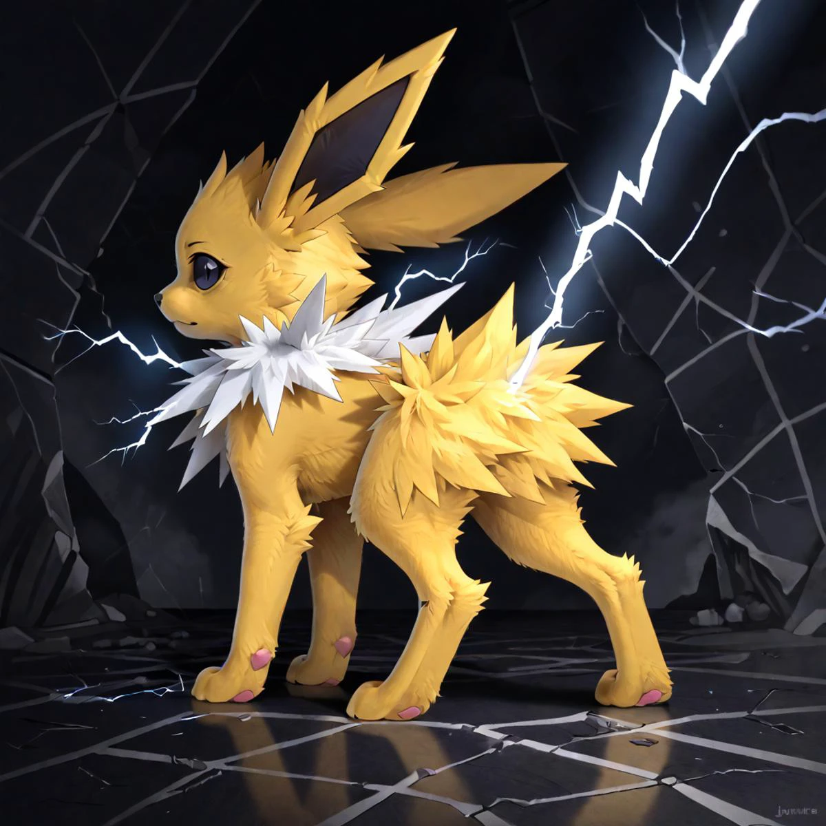 masterpiece, solo focus, side view, jolteon_(pokemon), in black void with cracked concrete floor, looking back at viewer, sharp detailed eyes, detailed fluffy fur, electricity around body, electricity on body, electricity,