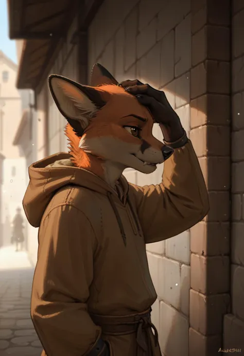 anthro fox in brown robes, hooded, medieval, fang, bokeh, shadow, depth of field, size view, profile, alley, hand on head, solo, by zaush, score_9, score_8_up, score_7_up, score_6_up, score_5_up, score_4_up