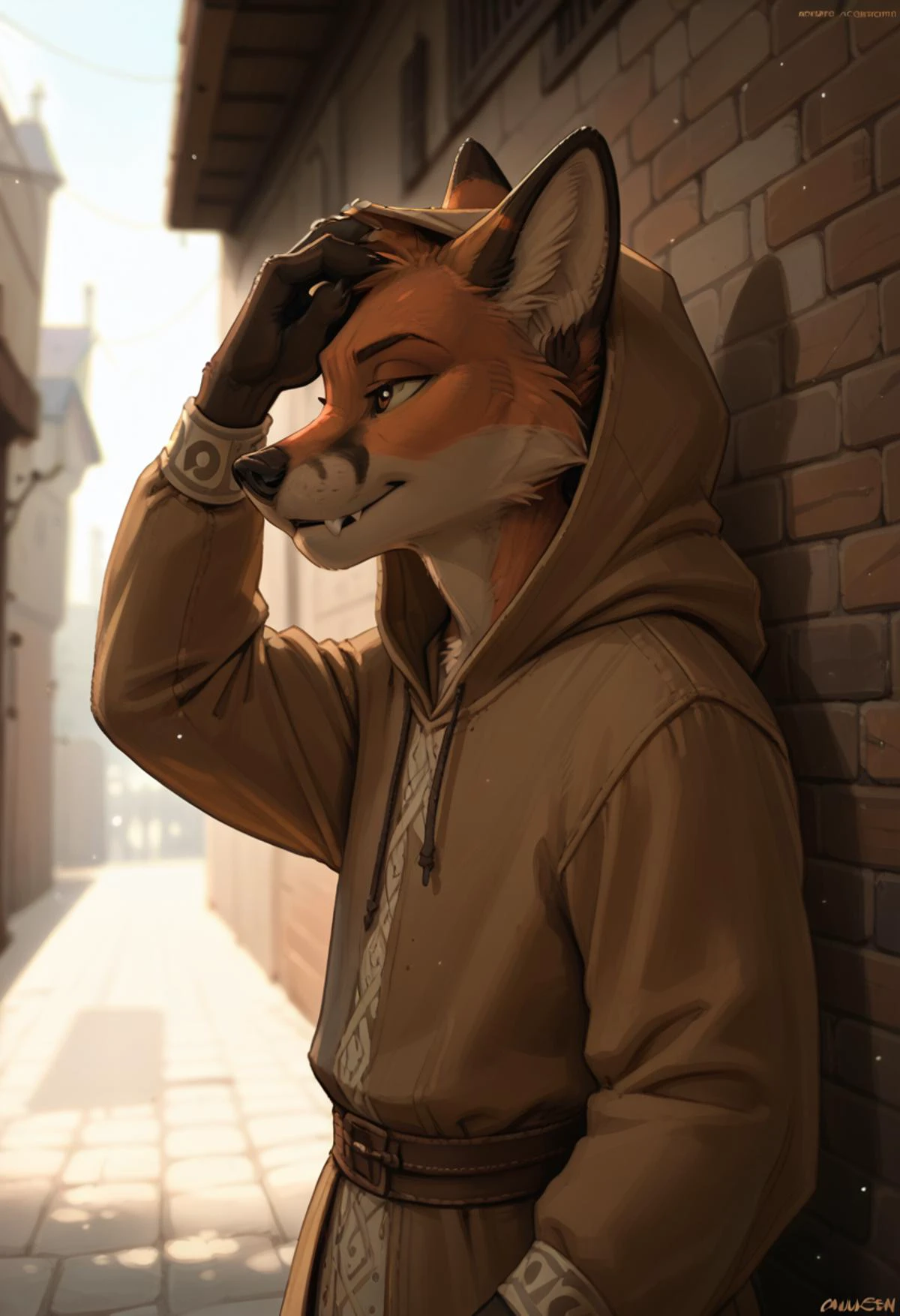 anthro fox in brown robes, hooded, medieval, fang, bokeh, shadow, depth of field, size view, profile, alley, hand on head, solo, by zaush, score_9, score_8_up, score_7_up, score_6_up, score_5_up, score_4_up