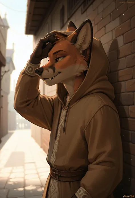 anthro fox in brown robes, hooded, medieval, fang, bokeh, shadow, depth of field, size view, profile, alley, hand on head, solo, by zaush, score_9, score_8_up, score_7_up, score_6_up, score_5_up, score_4_up