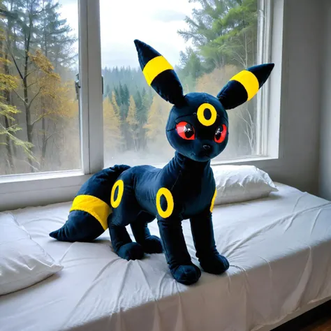 real e621, photorealistic, masterpiece, realistic plush stuffed animal umbreon, sitting on bed in bedroom with window with forest and overcast sky outside, dark, inanimate, sinister atmosphere, detailed felt plush eyes