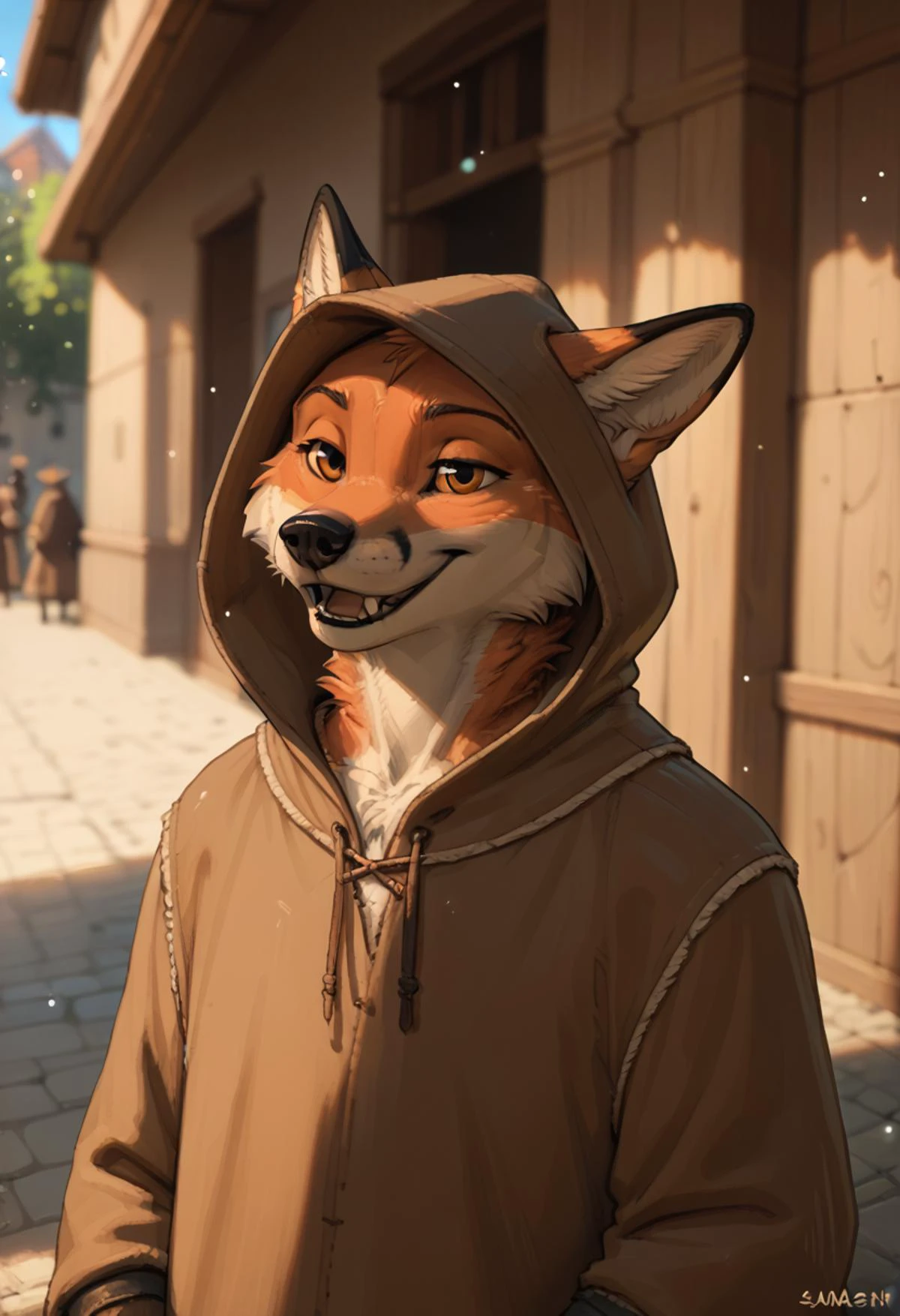 anthro fox in brown robes, hooded, medieval, fang, bokeh, shadow, depth of field, by zaush, score_9, score_8_up, score_7_up, score_6_up, score_5_up, score_4_up