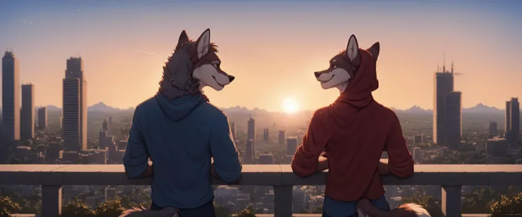 anthro wolf duo, happy, standing on top of a building, looking out over a city, rear view, upper body, skyline, horizon, landscape focus, rule of thirds, sunset, depth of field, rim lighting, rating_safe, by zaush, wvy, sunlight, score_9, score_8_up, score_7_up, score_6_up, score_5_up, score_4_up