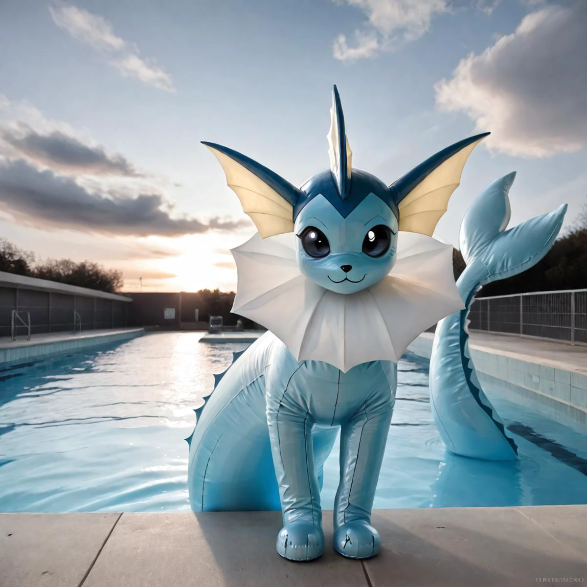 real e621, photorealistic, masterpiece, realistic inflatable vaporeon, standing next to pool, midday, cloudy sky, sharp detailed eyes, looking at viewer, inanimate, detailed fluffy fur, dark lighting,