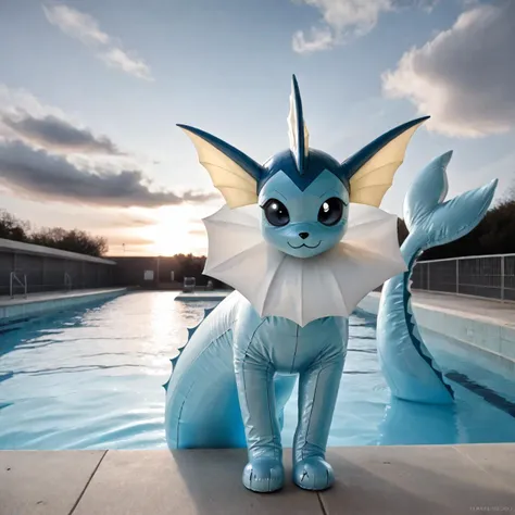 There is a giant blue and white pokemon mascot standing by a pool ...