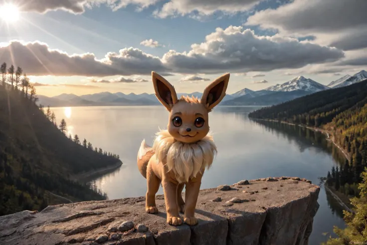 real e621, photorealistic, masterpiece, aerial view, realistic eevee_(pokemon), standing on cliff looking over valley with lake snowy mountain range in the distance, sunlight scattering over lake, morning time, cloudy sky, sharp detailed eyes, looking at viewer, tilting head to the side, smiling, glistening fur, detailed fluffy fur, dark, crepuscular rays,