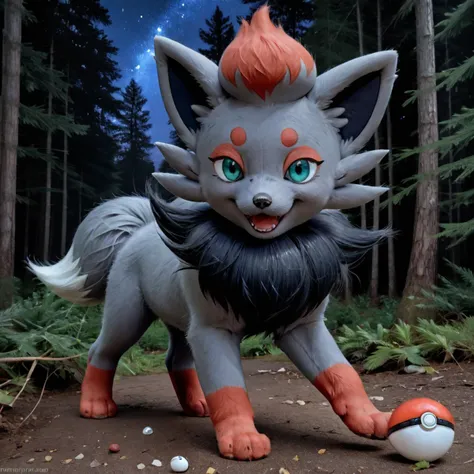 real e621, photorealistic, masterpiece, realistic fluffy zorua_(pokemon), standing in forest, night time, night sky, sharp zorua_(pokemon) teal eyes, looking at viewer, tilting head to the side, smiling, open mouth, glistening fur, detailed fluffy fur, dark, pokeball,