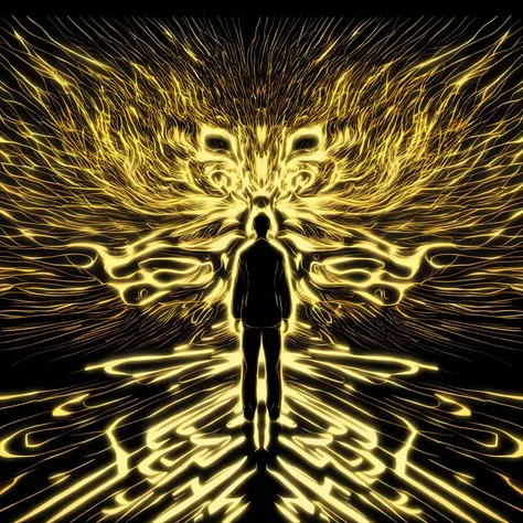 a man stand in front of the projection of immortal,<lora:eastern_mythology_v1_512:0.4>,goden line,tangka mix,