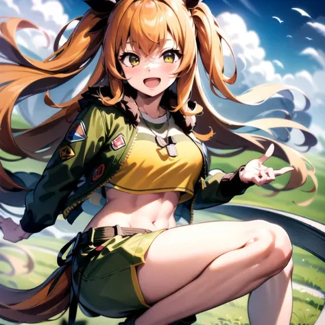 masterpiece, 8k wallpaper, best quality, 1girl, MayanoTopGun, <lora:MayanoTopGun>, smile, blush, looking at the viewer, grass, jumping, open mouth,