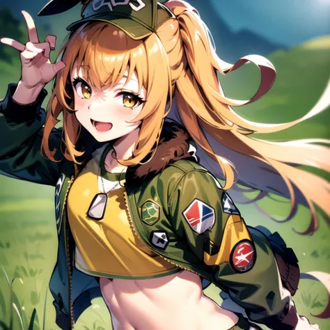 masterpiece, 8k wallpaper, best quality, 1girl, MayanoTopGun, <lora:MayanoTopGun>, smile, blush, looking at the viewer, grass, standing, open mouth, upper_body, open jacket, solo, slim,