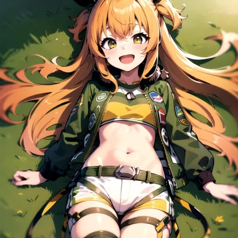 masterpiece, 8k wallpaper, best quality, 1girl, MayanoTopGun, <lora:MayanoTopGun>, smile, blush, looking at the viewer, grass, lying, open mouth, on back,