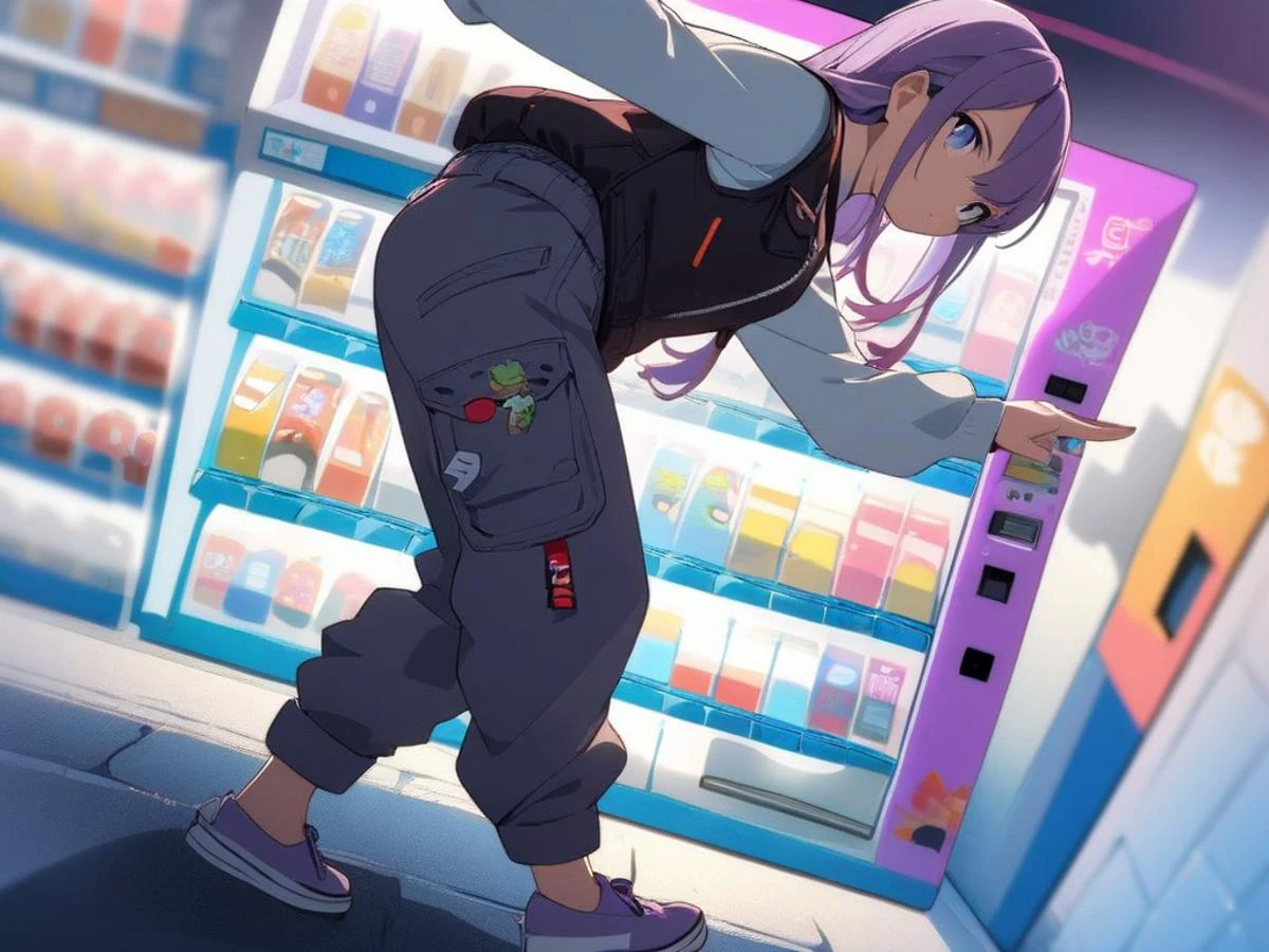 1girl,street wear, posing, vending machine, Shibuya, loose cargo pants, loose long sleeve shirt, showing off vest pocket, tight vest, pumps, anime style, beautiful lighting, dynamic lighting, dynamic angle, extreme angle, foreshortening, from side, around corner, depth of field, ,best quality, highly detailed, <lora:StS_detail_slider_v1:1> <lora:Envy Starlight Anime 05:0.6> waterfall flowing purple hair,