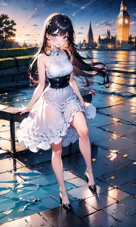 1girl, night, star \(sky\), city, water drop, outdoors, city lights,