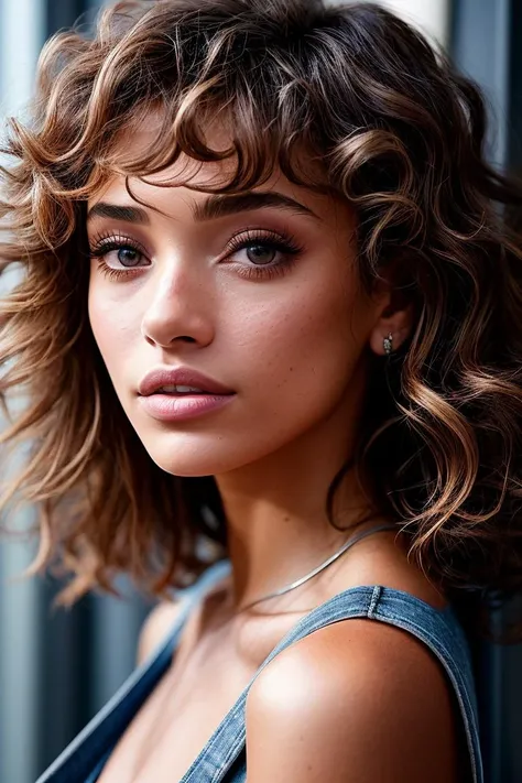 Beautiful brown hair girl, green eyes, athletic build, of average height and with curls