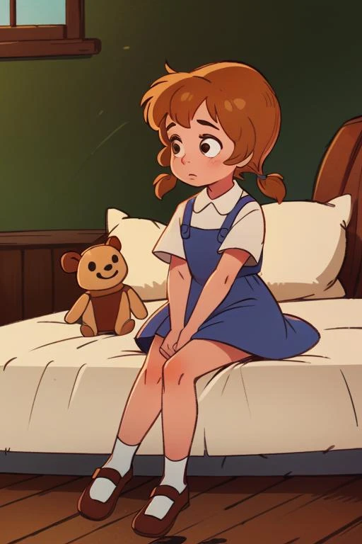 1girl, pennytr, brown hair, short hair, twintails, short twintails, dress, short sleeves, blue dress, shoes, brown mary janes stuffed toy, stuffed animal,
brown eyes, sitting on bed  <lora:pennytherescuers:0.8>