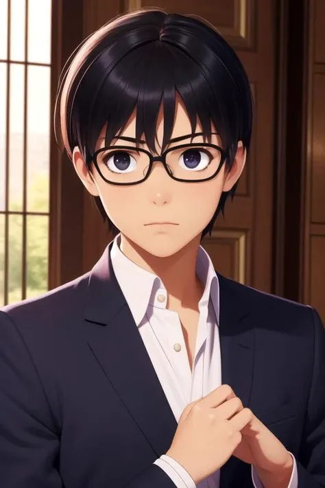 masterpiece, best quality, illustration, 1boy, solo, male focus, looking at viewer, , , , realistic, <lora:tomoya_aki:0.72>, tomoya_aki, black hair, black eyes, opaque glasses, patriotic costume, Xanadu: A magical kingdom ruled by a wise and benevolent queen,