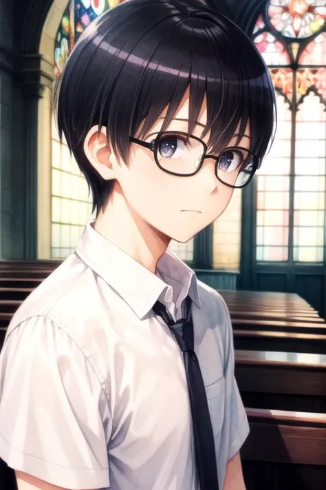 masterpiece, best quality, , 1boy, solo, male focus, looking at viewer, upper body, , (watercolor illustration, soft pastel colors:1.1), , <lora:tomoya_aki:0.70>, tomoya_aki, black hair, black eyes, opaque glasses, , church,