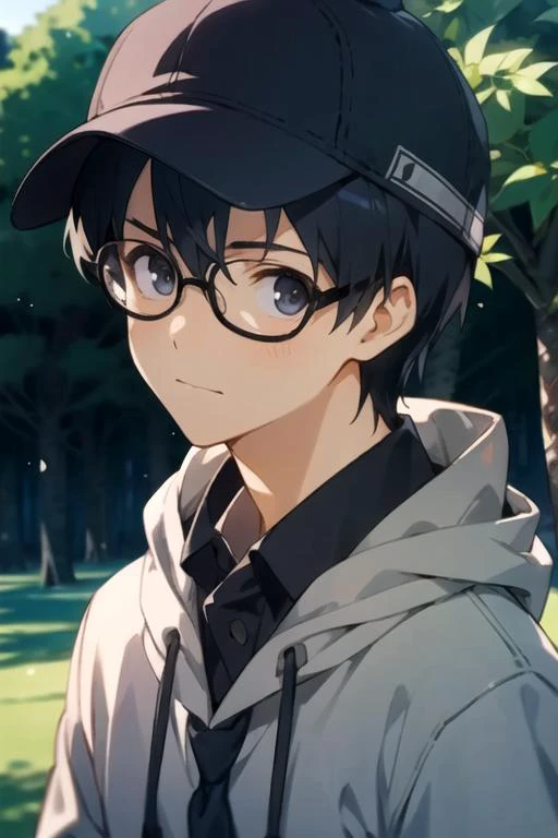 masterpiece, best quality, , 1boy, solo, male focus, looking at viewer, upper body, depth of field, anime coloring, realistic, <lora:tomoya_aki:0.70>, tomoya_aki, black hair, black eyes, glasses, hoodie, golf cap, fairytale,