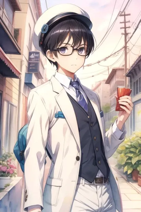 masterpiece, best quality, sketch, 1boy, solo, male focus, looking at viewer, upper body, , (watercolor illustration, soft pastel colors:1.1), , <lora:tomoya_aki:0.74>, tomoya_aki, black hair, black eyes, , suit shorts, pork pie hat, science fiction detective, HD