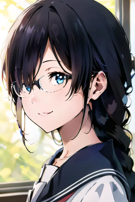 (8k uhd, masterpiece, best quality, high quality, absurdres, ultra-detailed), <lyco:Ryme_Style:0.4>, <lora:Kaho_Juumonjiv2-10:0.8>, serafuku, glasses, braid, black hair, blue eyes, detailed lips, looking at viewer, portrait, upper body, classroom background, (expressionless:1.3), smile