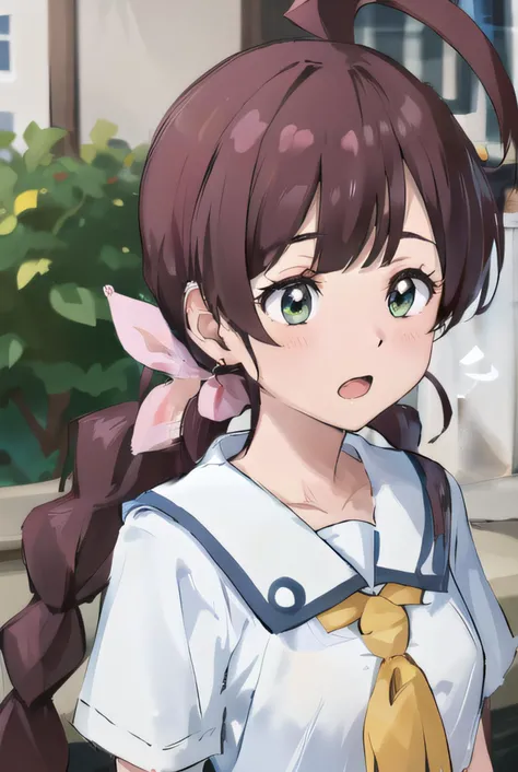 (8k uhd, masterpiece, best quality, high quality, absurdres, ultra-detailed), <lyco:Ryme_Style:0.4>, <lora:chloe_(pokemon)_v5:0.5>, chl1, 1girl, braided_ponytail, (ahoge:1.1), school uniform, white dress, collared dress, collarbone, eyelashes, short sleeves, upper body, open mouth, blush, outdoor