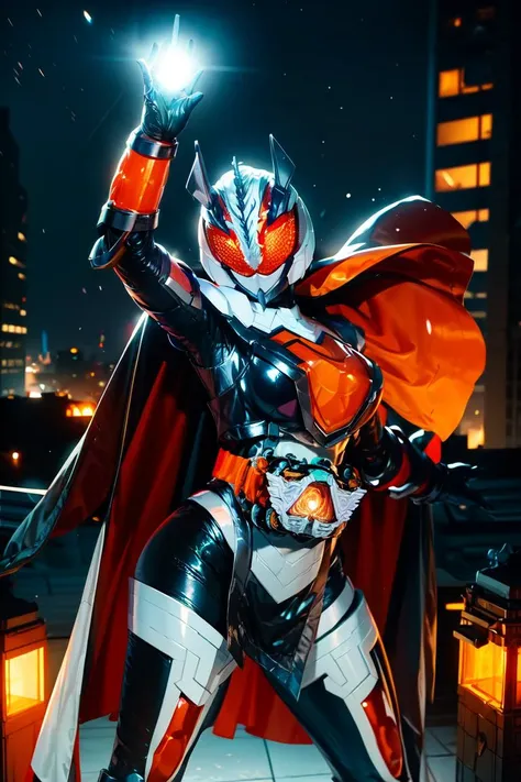 majade, solo, 1girl, mature female, perfect female body, narrow waist,wide hip,gloves, female focus, bodysuit, helmet, glowing eyes, orange eyes,orange hair,boots, cape,tokusatsu, kamen rider,rider belt,alchemisdriver, horns, armor, unicorn,white ring,pelvic curtain,full body shot,cape,standing, floating,casting magic,telekinesis, ((floating objects)),arm raised, outstretched arms, on rooftop,city background, hdr,bokeh,depth of field,night,   <lora:majade:0.9>