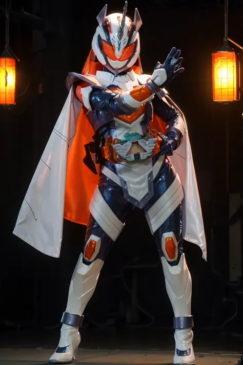 majade, solo, 1girl, mature female, perfect female body,large breasts, narrow waist,wide hip,gloves, female focus,skin tight bodysuit,blue bodysuit, helmet, orange eyes,orange hair, long hair,boots, cape,tokusatsu, kamen rider,rider belt,(unicorn,horns),white armor, orange breastplate,ring,pelvic curtain,((full body shot)),cape,standing,(dynamic pose), outdoors,on rooftop,city background, hdr,bokeh,depth of field,night,   <lora:majade:0.8>