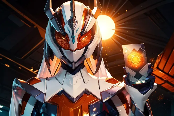majade, solo, 1girl, mature female, perfect female body,large breasts,narrow waist,wide hip, gloves, female focus, blue bodysuit, helmet, glowing eyes, orange eyes,orange hair,long hair,boots, cape,tokusatsu, kamen rider, horns, white armor, orange breastplate,unicorn,white ring,white shoulder cape,upper body,(holding a card,glowing card,golden card,tarot card,the sun card), hdr,bokeh,depth of field, sky, <lora:majade:0.8>