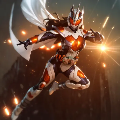 majade, solo, 1girl,cowboy shot,full body,(mature female, perfect female body,large breasts,narrow waist,wide hips,pelvic curtain), gloves, female focus,(skin tight bodysuit), shiny skin,luminous skin,covered navel,helmet,glowing eyes, orange eyes,orange hair,long hair,outstretched arms, tokusatsu, kamen rider,rider belt, unicorn, horns, armor, cape, hdr,bokeh,depth of field, <lora:majade:0.8> ,abs,(translucent orange breastplate),see-through cleavage,((from above,midair,looking down)),flying,kick,rider kick,explosions,sparks on foot,sun,