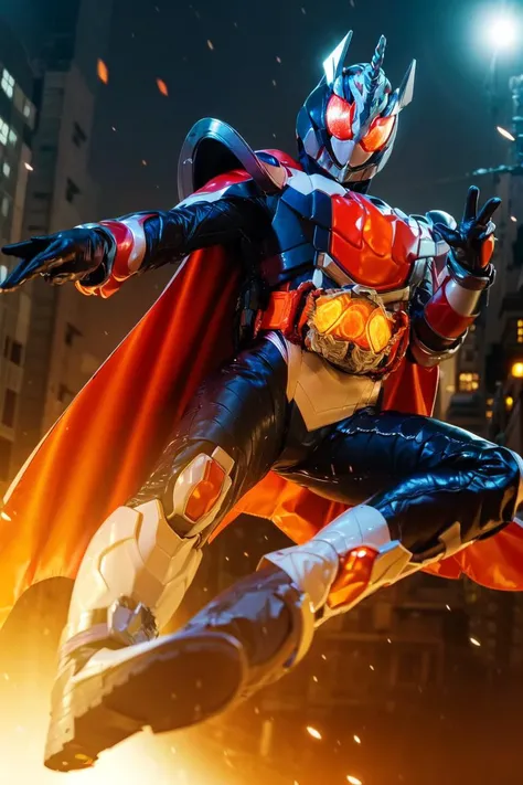 majade, solo, 1girl, mature female, perfect female body, narrow waist,wide hip, gloves, female focus, bodysuit, helmet, glowing eyes, orange eyes,orange hair,boots, cape,tokusatsu, kamen rider,rider belt,alchemisdriver, horns, armor, unicorn,white ring,pelvic curtain,full body shot,cape,(rider kick),casting magic,telekinesis, ((floating objects)), hdr,bokeh,depth of field,night,   <lora:majade:0.9> <lora:RiderKick:0.8>