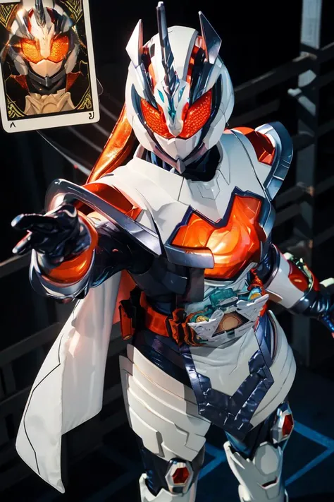 majade, solo, 1girl,cowboy shot,full body,from above,(mature female, perfect female body,large breasts,narrow waist,wide hips,cameltoe), gloves, female focus,(skin tight bodysuit), shiny skin,luminous skin,covered navel,helmet,glowing eyes, orange eyes,orange hair,long hair,tokusatsu, kamen rider,rider belt,unicorn,horns, armor,cape, ((holding,holding glowing tarot cards,card between fingers)), hdr,bokeh,depth of field,  <lora:majade:0.8>,abs,(translucent orange breastplate),see-through cleavage,from above,looking at viewer, glowing background,