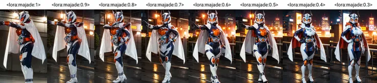 majade, solo, 1girl, mature female, perfect female body,large breasts, narrow waist,wide hip,gloves, female focus,skin tight bodysuit, helmet, orange eyes,boots, cape,tokusatsu, kamen rider,rider belt,unicorn, horns, white armor,,orange breastplate,ring,pelvic curtain,full body shot,cape,standing,dynamic pose, on rooftop,city background, hdr,bokeh,depth of field,night, <lora:majade:1>