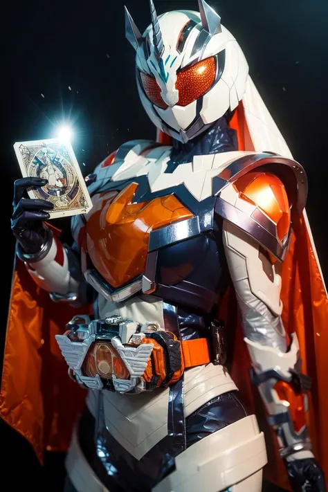 majade, solo, 1girl, mature female, perfect female body,narrow waist,wide hip, gloves, female focus, blue bodysuit, helmet, glowing eyes, orange eyes,orange hair,long hair,boots, cape,tokusatsu, kamen rider, horns, white armor, unicorn,white ring,white shoulder cape,upper body,(holding a tarot card), hdr,bokeh,depth of field, sky, <lora:majade:0.9>