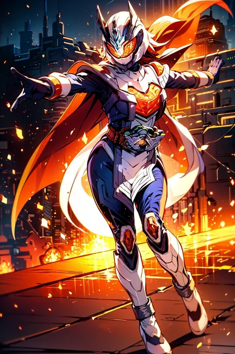 majade, solo, 1girl, (mature female, perfect female body, narrow waist,wide hips),gloves, female focus, bodysuit, helmet, glowing eyes, orange eyes,orange hair,long hair, boots, cape,tokusatsu, kamen rider,rider belt, unicorn,horns, white armor,orange breastplate,white ring,pelvic curtain,full body shot,cape,standing, floating,casting magic,magic circle,telekinesis, ((floating objects)),arm raised, outstretched arms, on rooftop,city background, hdr,bokeh,depth of field,night, <lora:majade:0.8> <lora:magic circle_v2.0:0.6>