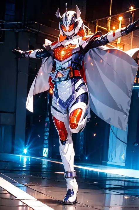 majade, solo, 1girl, mature female, perfect female body, narrow waist,wide hip,gloves, female focus, bodysuit, helmet, glowing eyes, orange eyes,orange hair,long hair, boots, cape,tokusatsu, kamen rider,rider belt, unicorn,horns, white armor,orange breastplate,white ring,pelvic curtain,full body shot,cape,standing, floating,casting magic,magic circle,telekinesis, ((floating objects)),arm raised, outstretched arms, on rooftop,city background, hdr,bokeh,depth of field,night, <lora:majade:0.8> <lora:magic circle_v2.0:0.6>