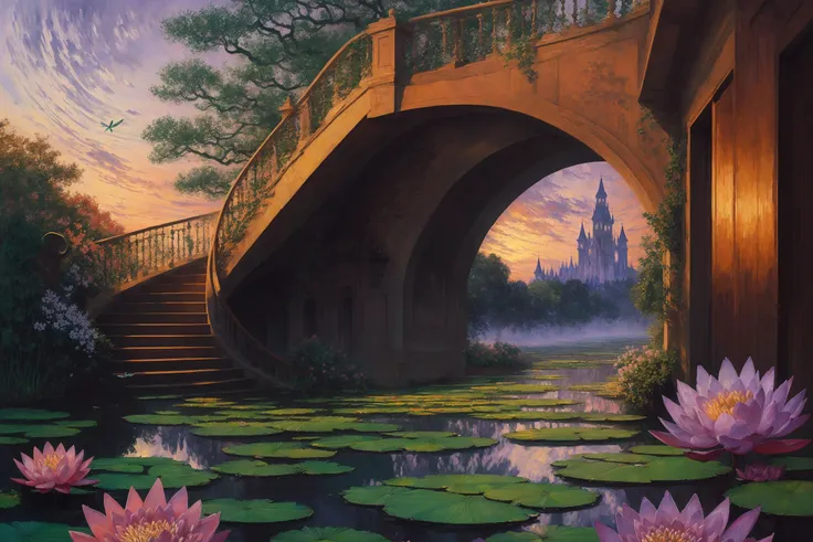 An ethereal dreamscape, a visual symphony by Monet meets Escher, where water lilies bloom upon tessellated staircases that spiral into infinity, and iridescent dragonflies dance in the twilight glow of an everlasting dusk.