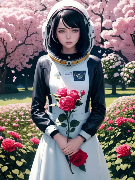 An astronaut in a rose garden on a spring day, by martine johanna and simon stalenhag and chie yoshii and casey weldon and wlop : : ornate, dynamic, blue hair, particulate, rich colors, intricate, elegant, highly detailed, harper's bazaar art, fashion magazine, smooth, sharp focus, 8 k, octane render,