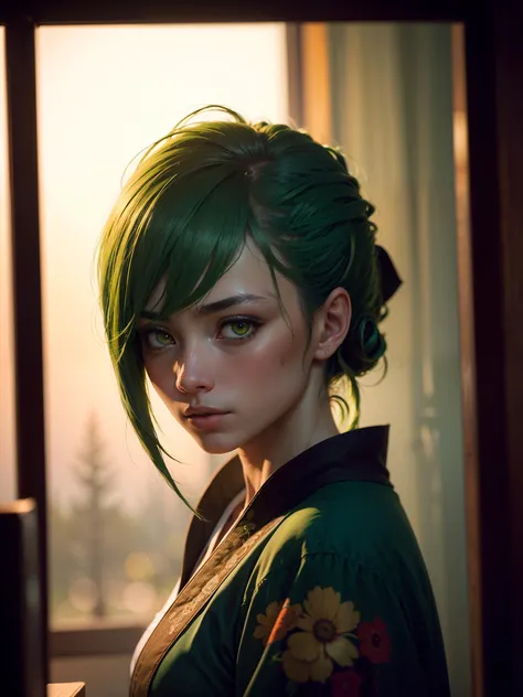 (dark shot:1.4), 80mm, (dark shot:1.4), masterpiece, best quality, game_cg, in summer, girl, solo, medium hair, (green hair:1.5), looking at viewer, brown eyes, 80mm, epic realistic, painting of a geisha with european features entering a japanese pine forest, by range murata, a big red sun in the background, stunning, matted, paul gauguin, van gogh, art by greg rutkowski and artgerm, soft cinematic light, adobe lightroom, photolab, hdr, intricate, highly detailed, (depth of field:1.4), (dark shot:1.22), neutral colors, (hdr:1.4), (muted colors:1.4), (intricate), (artstation:1.2), hyperdetailed, dramatic, intricate details, (technicolor:0.9), (rutkowski:0.8), cinematic, detailed, soft light, sharp, exposure blend, medium shot, bokeh, (hdr:1.4), high contrast, (cinematic, teal and orange:0.85), (muted colors, dim colors, soothing tones:1.3), low saturation, (hyperdetailed:1.2), (noir:0.4), soft light, sharp, exposure blend, medium shot, bokeh, (hdr:1.4), high contrast, (cinematic, teal and orange:0.85), (muted colors, dim colors, soothing tones:1.3), low saturation, (hyperdetailed:1.2), (noir:0.4), (intricate details:1.12), hdr, (intricate details, hyperdetailed:1.15)