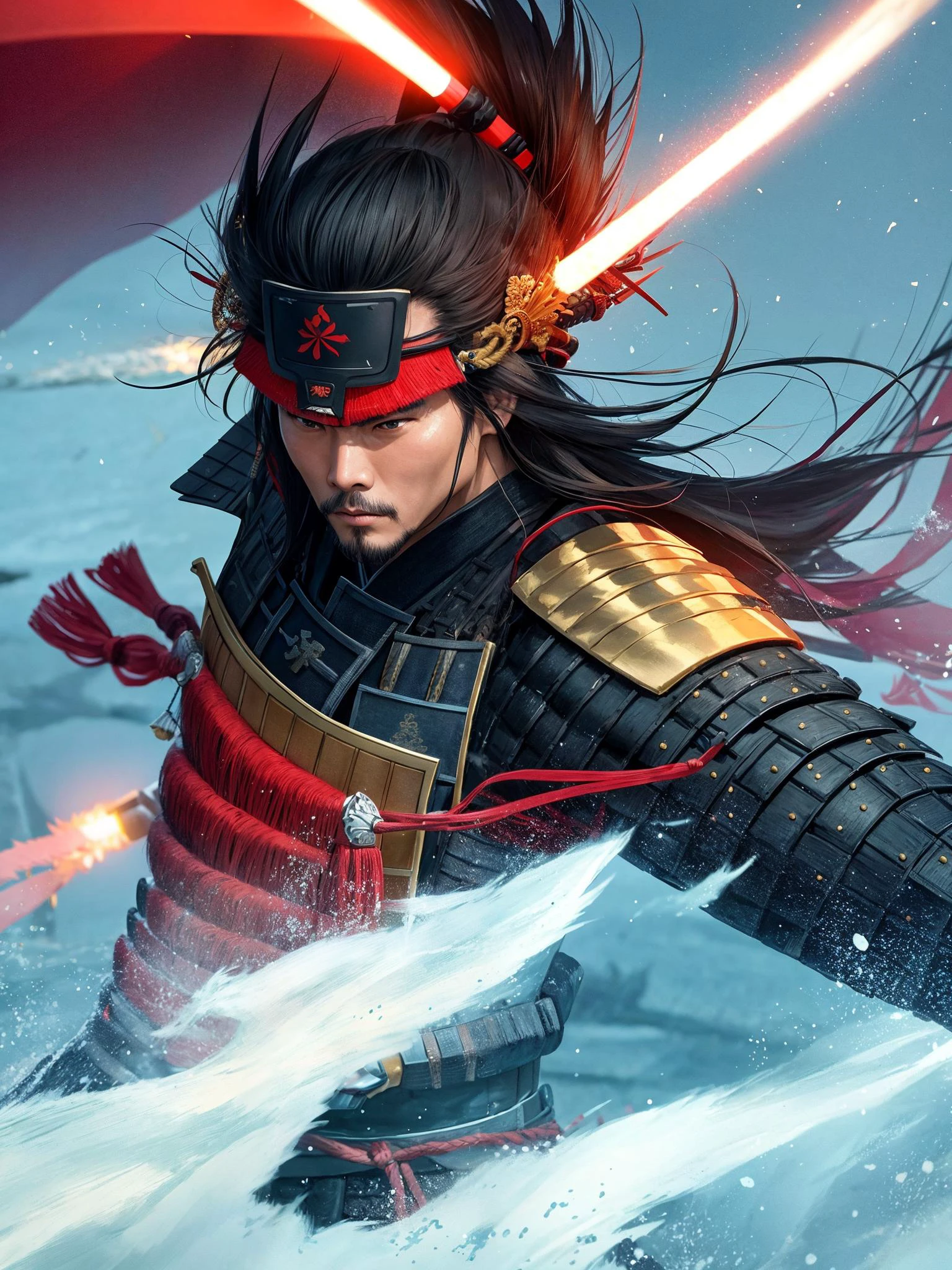 Visualize a powerful samurai in the midst of an important historical moment, displaying their skill and bravery as they make a decisive move that will change the course of history