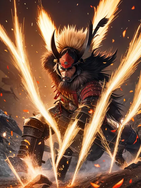 Visualize a powerful samurai in the midst of an important historical moment, displaying their skill and bravery as they make a decisive move that will change the course of history