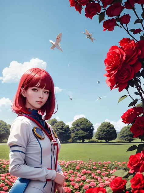 An astronaut in a rose garden on a spring day, by martine johanna and simon stalenhag and chie yoshii and casey weldon and wlop : : ornate, dynamic, red hair, particulate, rich colors, intricate, elegant, highly detailed, harper's bazaar art, fashion magazine, smooth, sharp focus, 8 k, octane render,