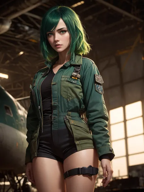 (apterus style:1.3), (dark shot:1.4), 80mm, soft light, sharp, exposure blend, medium shot, bokeh,green hair, (hdr:1.4), (film grain:1.23), English women, high contrast, (cinematic, teal and orange:0.85), (muted colors, dim colors, soothing tones:1.3), low saturation, (hyperdetailed:1.2), (noir:0.9),(intricate details, hyperdetailed:1.15),modelshoot style, a female mechanic wearing coveralls standing in an aircraft hangar, ((hands inside pocket)), (detailed background:1.3), old aircraft in background, (full body:1.2), (long legs), (depth of field:1.4), (detailed face:1.1), (photo realistic:1.3), symetrical, octane render, 35mm, bokeh, 9:16, (intricate details:1.12), hdr, (intricate details, hyperdetailed:1.15), (natural skin texture, hyperrealism, soft light, sharp:1.2), (detailed skin:1.2),