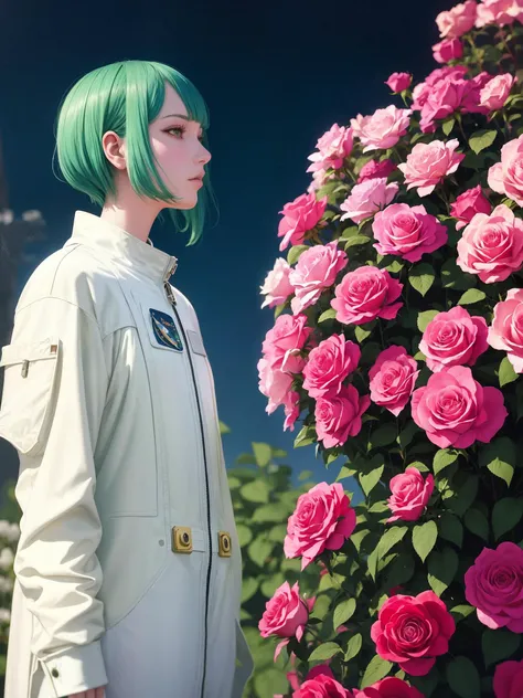 An astronaut in a rose garden on a spring day, by martine johanna and simon stalenhag and chie yoshii and casey weldon and wlop : : ornate, dynamic, green hair, particulate, rich colors, intricate, elegant, highly detailed, harper's bazaar art, fashion magazine, smooth, sharp focus, 8 k, octane render,