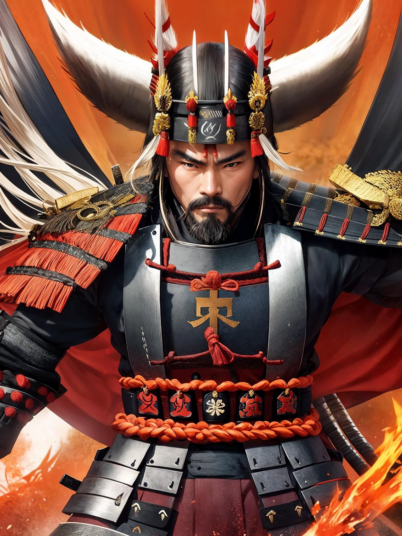 Visualize a powerful samurai in the midst of an important historical moment, displaying their skill and bravery as they make a decisive move that will change the course of history