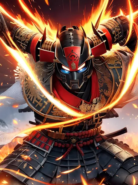 Visualize a powerful samurai in the midst of an important historical moment, displaying their skill and bravery as they make a decisive move that will change the course of history