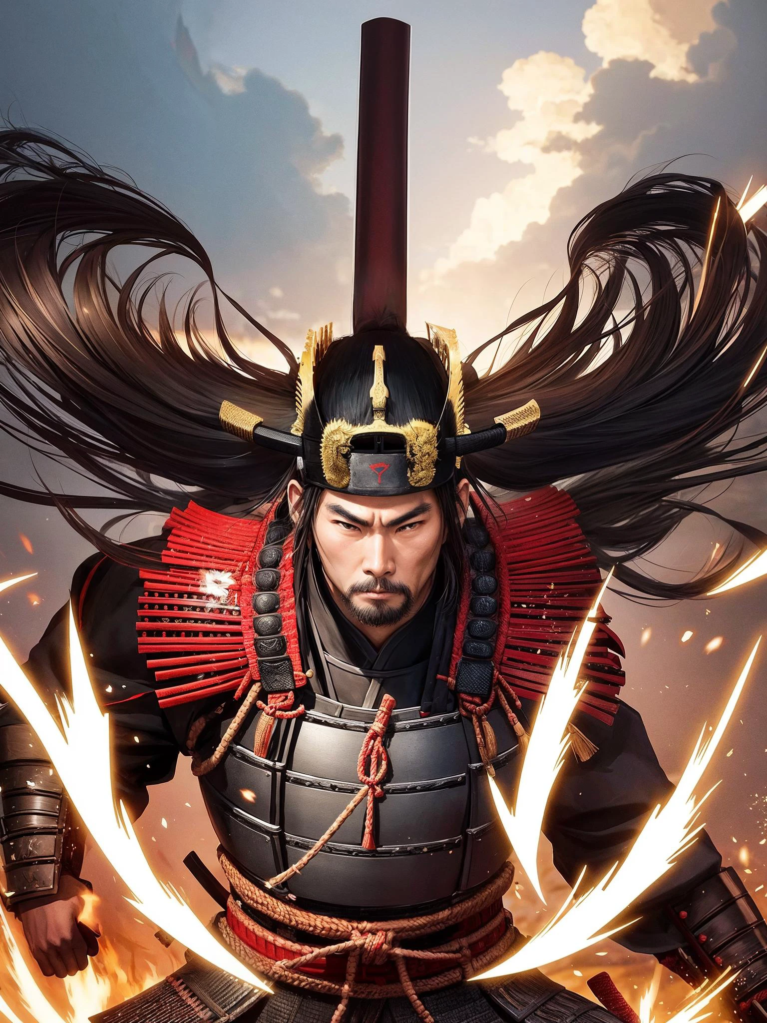Visualize a powerful samurai in the midst of an important historical moment, displaying their skill and bravery as they make a decisive move that will change the course of history