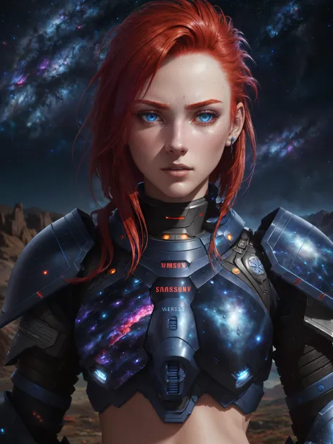 RAW, 1girl, colorful, ((matte armor, blue lights <lora:CrysisNanosuit:0.7>,red hair, blue armor, (masterpiece, best quality), (detailed skin:1.3, detailed face:1.3), dslr, realistic, seductive pose, detailed galaxy landscape, delicate, soft colors, cinematic lighting