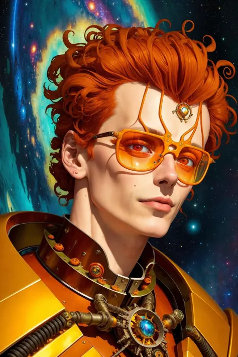 A striking depiction of an interstellar wanderer, created by Egon Schiele and Moebius, his gaze distant yet full of untold stories, as the swirling cosmos behind him reflect in the sharp contours of his face, the vivid oranges and yellows of far-off galaxies contrasting against the cool steel of his futuristic armor, a testament to the beauty of solitude and exploration.