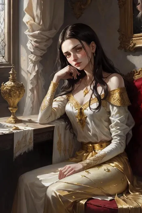 epic realistic, Portrait of a devilish girl in golden clothes, {secret}